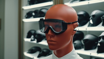 A red mannequin wearing a pair of goggles