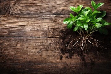 Plant leaves transplantation, little tree, ground, roots, wooden background, copy space, space for text, spring gardening, botanical, floral, herbs growing