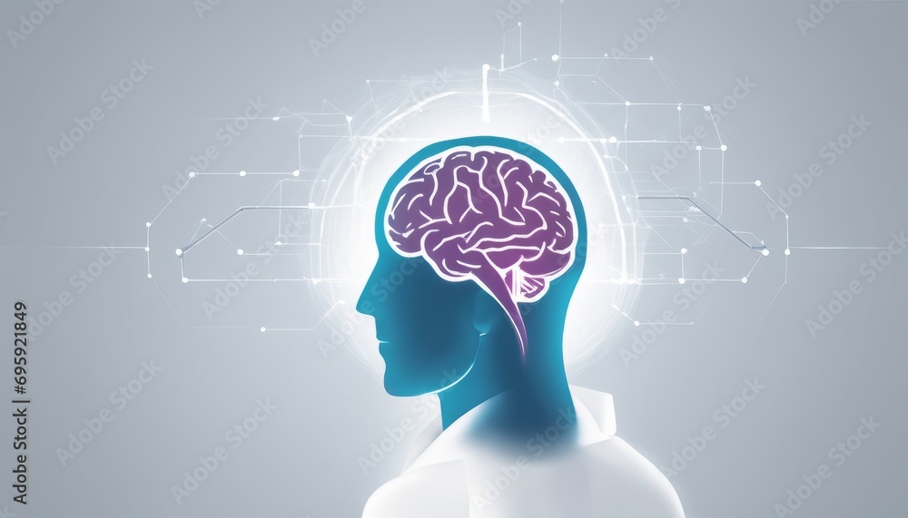 Poster a 3d image of a brain with a man's face