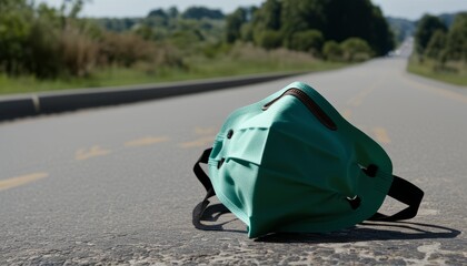A green backpack is sitting on the road
