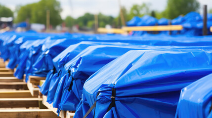 Protective blue outdoor tarpaulins for construction sites, water repellent films for repair and exterior construction work, awnings and canopies. - obrazy, fototapety, plakaty