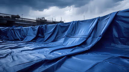 Protective vinyl blue tarpaulins for construction sites, water repellent films for repair and exterior construction work, awnings and canopies. - obrazy, fototapety, plakaty
