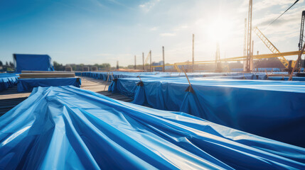 Protective blue tarpaulins for construction sites or boxes, water repellent films for repair and exterior construction work, awnings and canopies. - obrazy, fototapety, plakaty