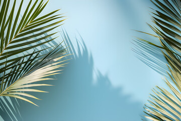 Beautiful tropical palm leaf on light blue background, Space for text. - obrazy, fototapety, plakaty