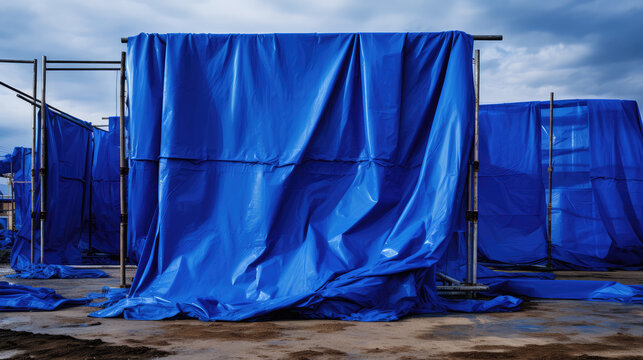 Protective blue tarpaulins for construction sites, water repellent films for repair and exterior construction work, awnings and canopies, nobody.