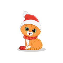red cat sits on a white background. Cute ginger kitten in cartoon style. Christmas  Illustration for postcard, banner, web, design, arts. Vector