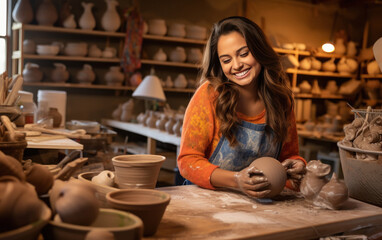 Young woman making clay pottery on the table