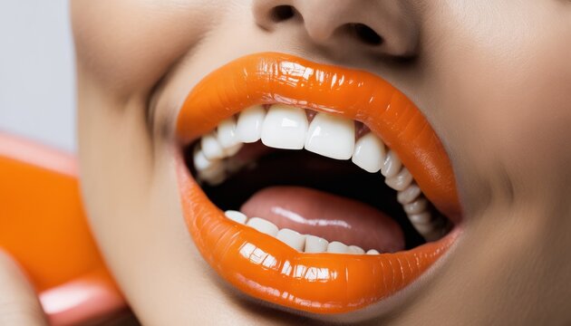 A woman with orange lipstick smiling