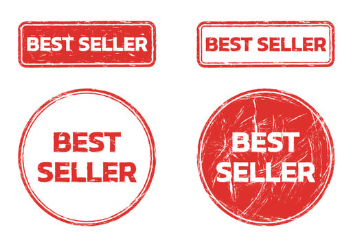 Best seller rubber stamp set. Seal icon with grunge texture. Bestseller label. Business, sale promotion design elements. Vector illustration.