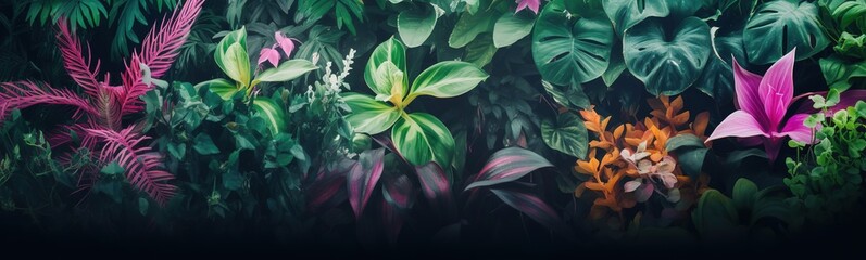 Multicolor leaves tropical plants top view botanical spring plants gardening fresh ecological banner copy space dark background floral design groing plants care herbs