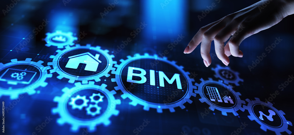 Poster bim building information modeling technology concept on virtual screen.