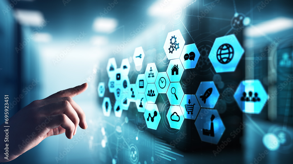 Poster mixed media, business intelligence icons on virtual screen, analysis and big data processing dashboa