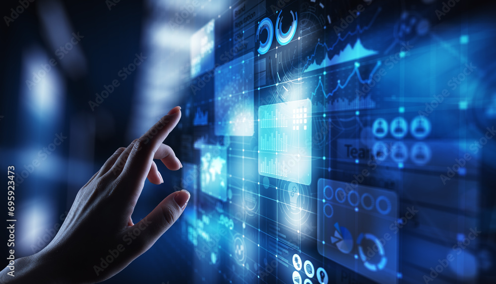 Aufkleber business intelligence analyst dashboard on virtual screen. big data graphs charts.
