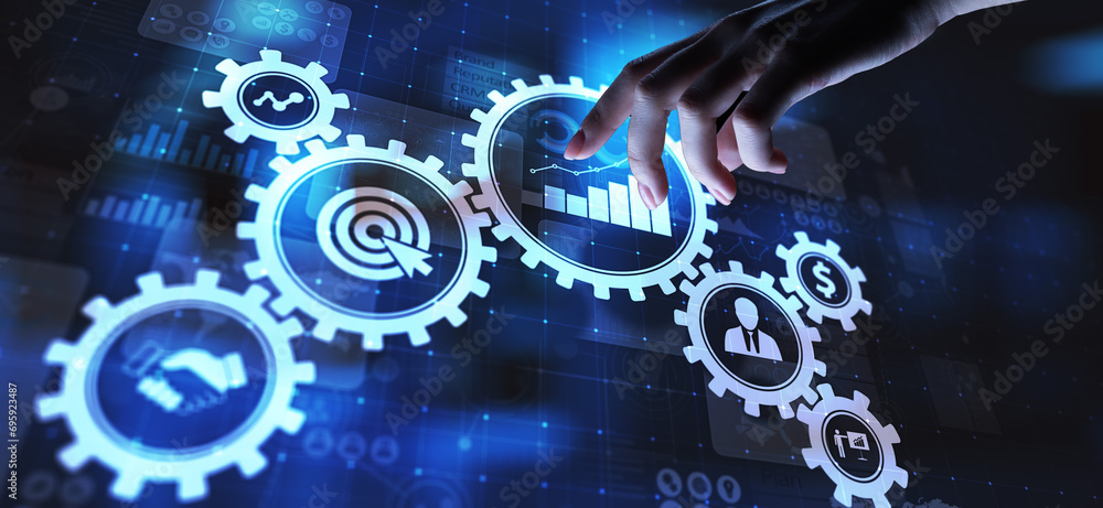 Poster business process management, automation workflow, document validation, connected gear cogs with icon