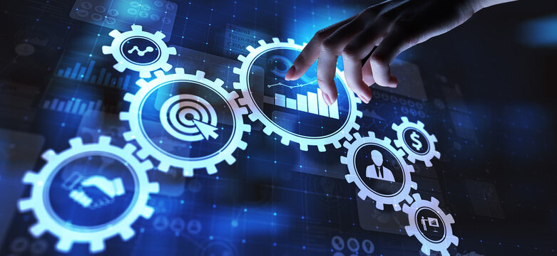 Business process management, automation workflow, document validation, connected gear cogs with icons, technology concept.