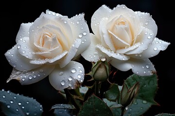 two white roses with dew drops on petals. Generative AI