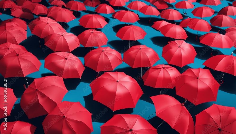 Poster A large group of red umbrellas on a blue background