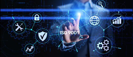 ISO 9001 Standards quality control business technology concept on virtual screen.