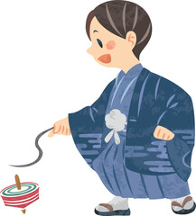 お正月　着物姿　独楽をまわす男性　イラスト