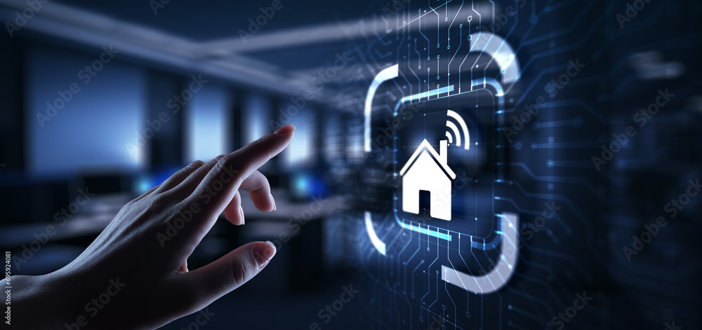 Poster smart home control panel on virtual screen. iot and automation technology concept.