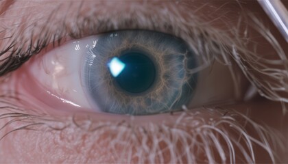 A close up of a human eye with a blue iris
