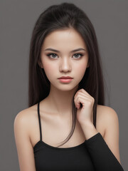 Portrait of a model in satin dress, isolated grey background
