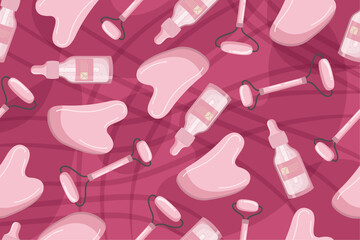 Seamless pattern with illustration of a home care kit: roller, Gouache scraper, serum. Vector illustration.