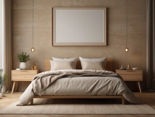 Mock up frame in bedroom interior background, beige room with natural wooden furniture