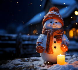 A cute little colorful snowman figurine in the winter night stands on the snow next to a lighted candle. He has a carrot nose, a woolly bobble hat, mittens and a knit scarf. A lot of copy space beside