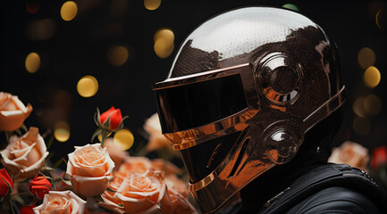 A cool motorcyclist in helmet holds a large bouquet of roses. Love concept.