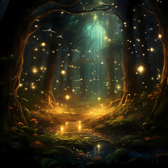 Mysterious forest illuminated by the soft glow of fireflies