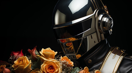 A cool motorcyclist in helmet holds a large bouquet of roses. Love concept.