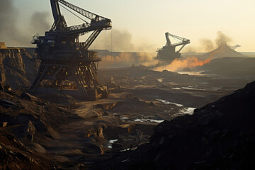 Working machines and equipment in an open coal mine. Mining and processing of minerals