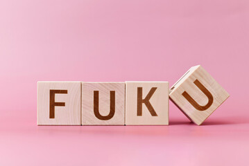 Text Fuk U on wooden cubes on a pink background, close-up