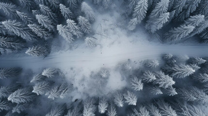 Natural winter scene from above road through snowy forest  - obrazy, fototapety, plakaty