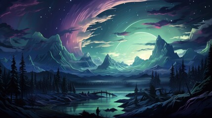 Northern Lights Over Snowy Mountains Aurora, Background Banner HD, Illustrations , Cartoon style