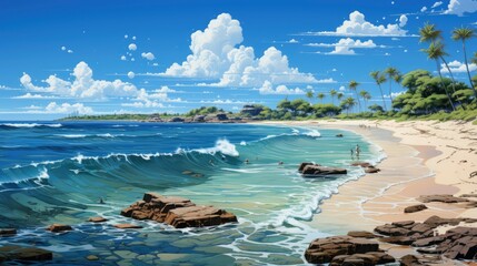 Panorama Beautiful White Sand Beach Turquoise, Background Banner HD, Illustrations , Cartoon style - obrazy, fototapety, plakaty