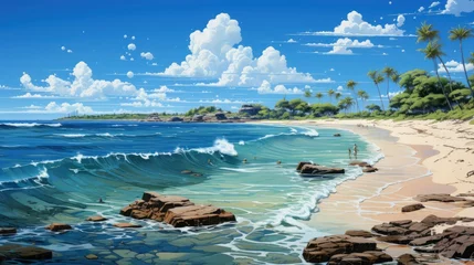 Tischdecke Panorama Beautiful White Sand Beach Turquoise, Background Banner HD, Illustrations , Cartoon style © Alex Cuong