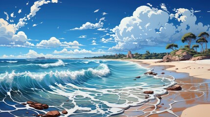 Panorama Beautiful White Sand Beach Turquoise, Background Banner HD, Illustrations , Cartoon style - obrazy, fototapety, plakaty
