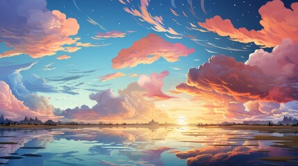 Panorama Calm Evening Sky Clouds Background, Background Banner HD, Illustrations , Cartoon style - obrazy, fototapety, plakaty