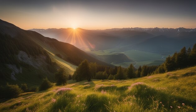 A beautiful sunset over a grassy hillside © vivekFx