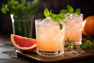 Paloma cocktails made with tequila blanco, syrup, grapefruit juice and sparkling water garnished with mint leaves	