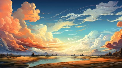 Panorama View Morning Sky Cirrus Cloud, Background Banner HD, Illustrations , Cartoon style - obrazy, fototapety, plakaty