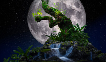 Tropical tree on top of small hill with full moon in the background
