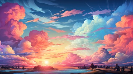 Panorama View Morning Sky Cirrus Cloud, Background Banner HD, Illustrations , Cartoon style