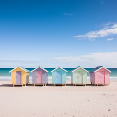 Fototapeta na wymiar Row of beach huts in pastel colors lining a sandy shore at sunset.