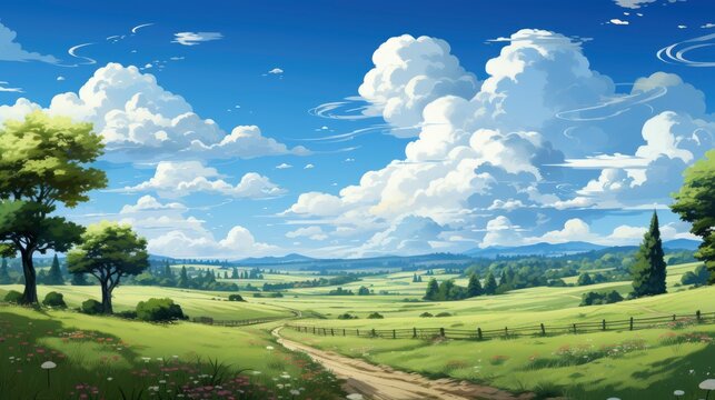 Panorama Sunny Summer Blue Sky Background, Background Banner HD, Illustrations , Cartoon style