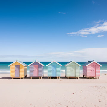 Row of beach huts in pastel colors lining a sandy shore at sunset.