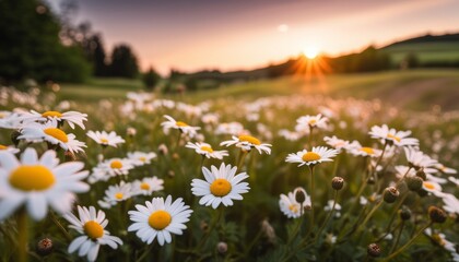 A field of white flowers with yellow centers - obrazy, fototapety, plakaty