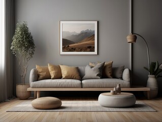 Mock up frame in home interior background, nomadic living room with bench and decor
